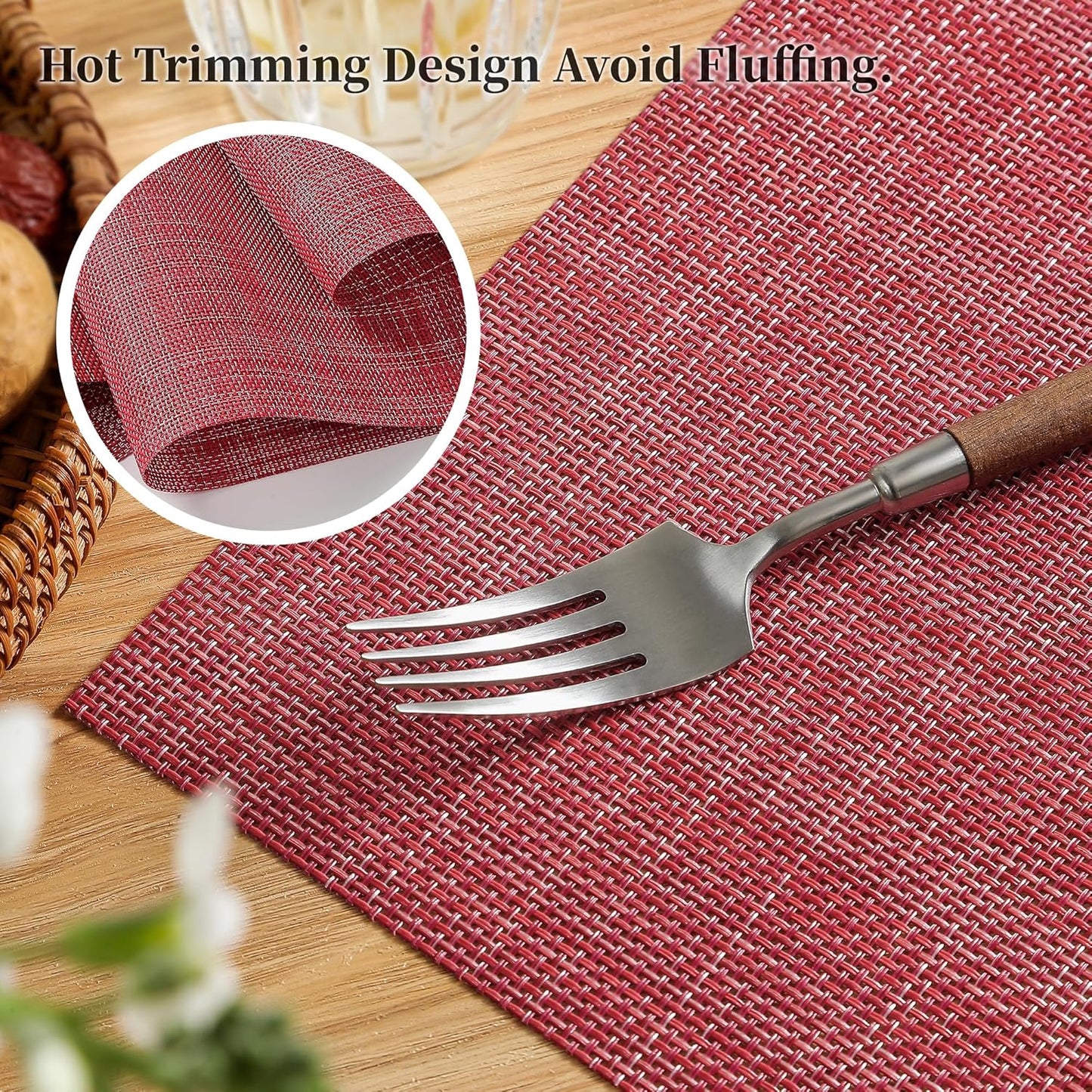 Leetaltree Red Placemats Set of 6 - Heat Resistant Non-Slip Place mats for Dining Table, Washable Durable PVC Vinyl Woven Table Mats（Red, 6）