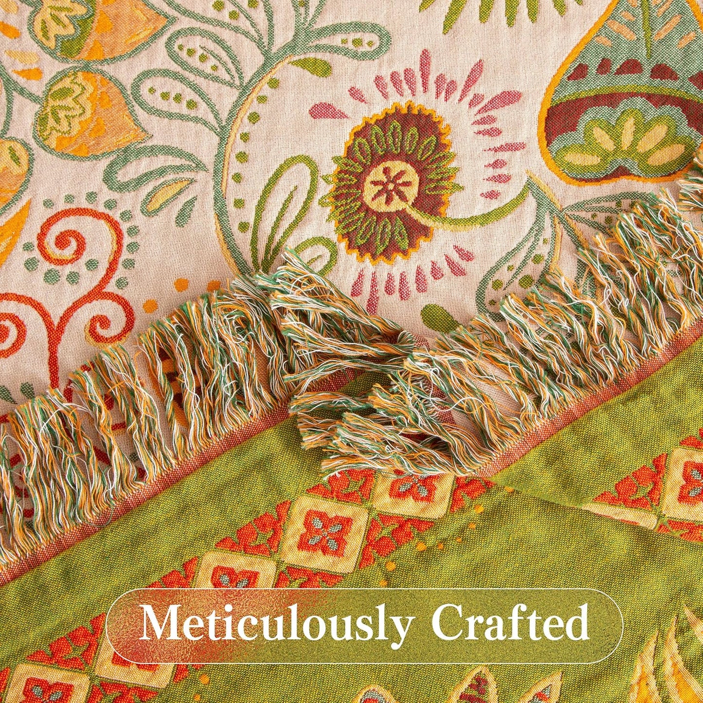 Boho Throw Blanket Twin Size, Soft Cozy Cotton Muslin Quilt Blanket for Bed Decor, Floral Patterned Couch Sofa Chair Cover, Vintage Farmhouse Cottage Tapestry Woven Blanket, Coral&Green