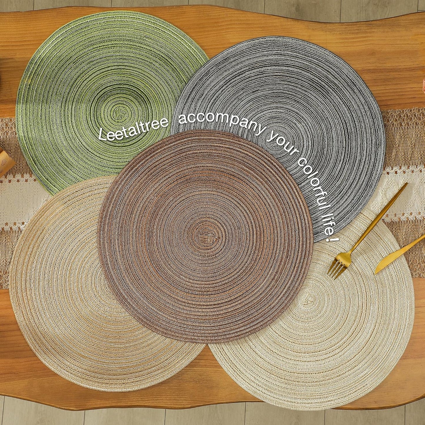 Leetaltree Round Placemats Heat and Slip Resistant Cotton Table Mats, Washable Bohemian Placemats for Dining Tables (Brown, Set of 6)