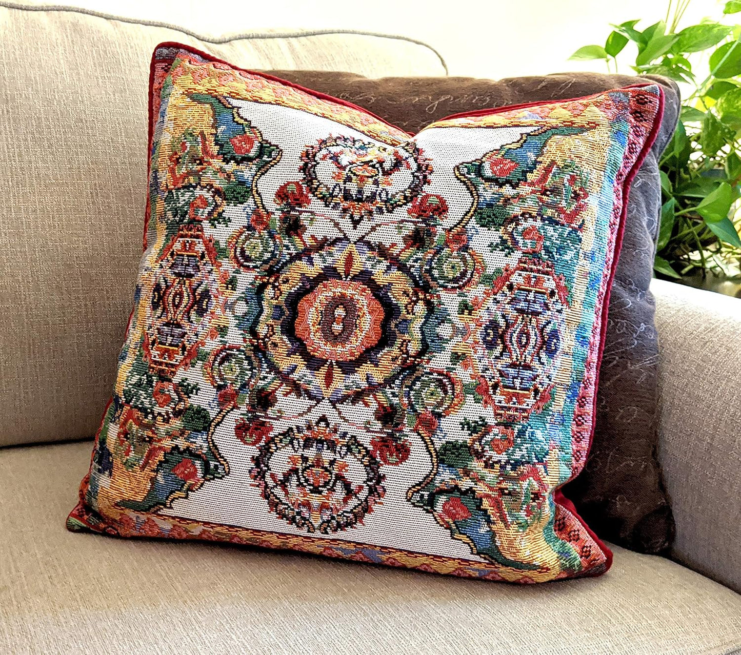 Tache Rococo Elegant Ornate Ivory Colorful Paisley Cotton Linen 18x18 Tapestry Woven Cushion Throw Pillow Cover 2 Pieces