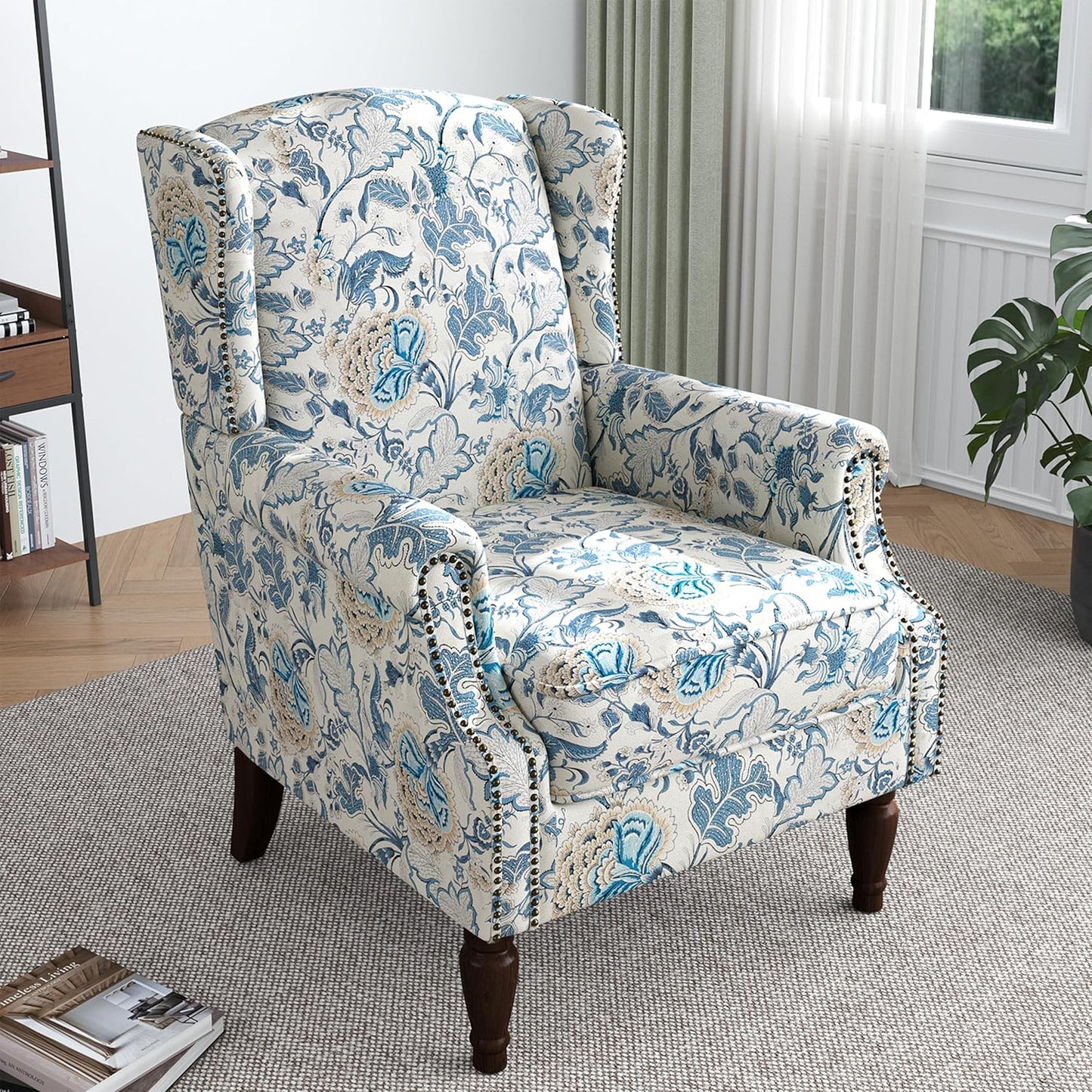 Lumibee High Back Accent Chair, Armchair in Fabric,Comfy Upholstered Wingback Single Sofa Reading Chair with Solid Wood Legs for Living Room,Bedroom,Office-Boho Blue