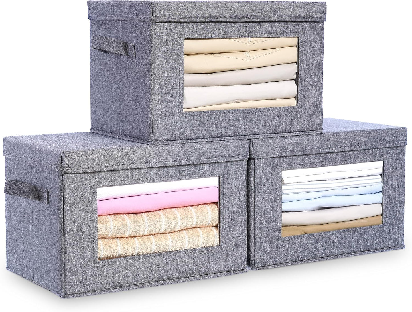 Citylife 3-Pack Collapsible Storage Bins with Lids, Linen Fabric Foldable Storage Boxes, Cube Closet Organization for Clothes, Blankets and Books, Gray