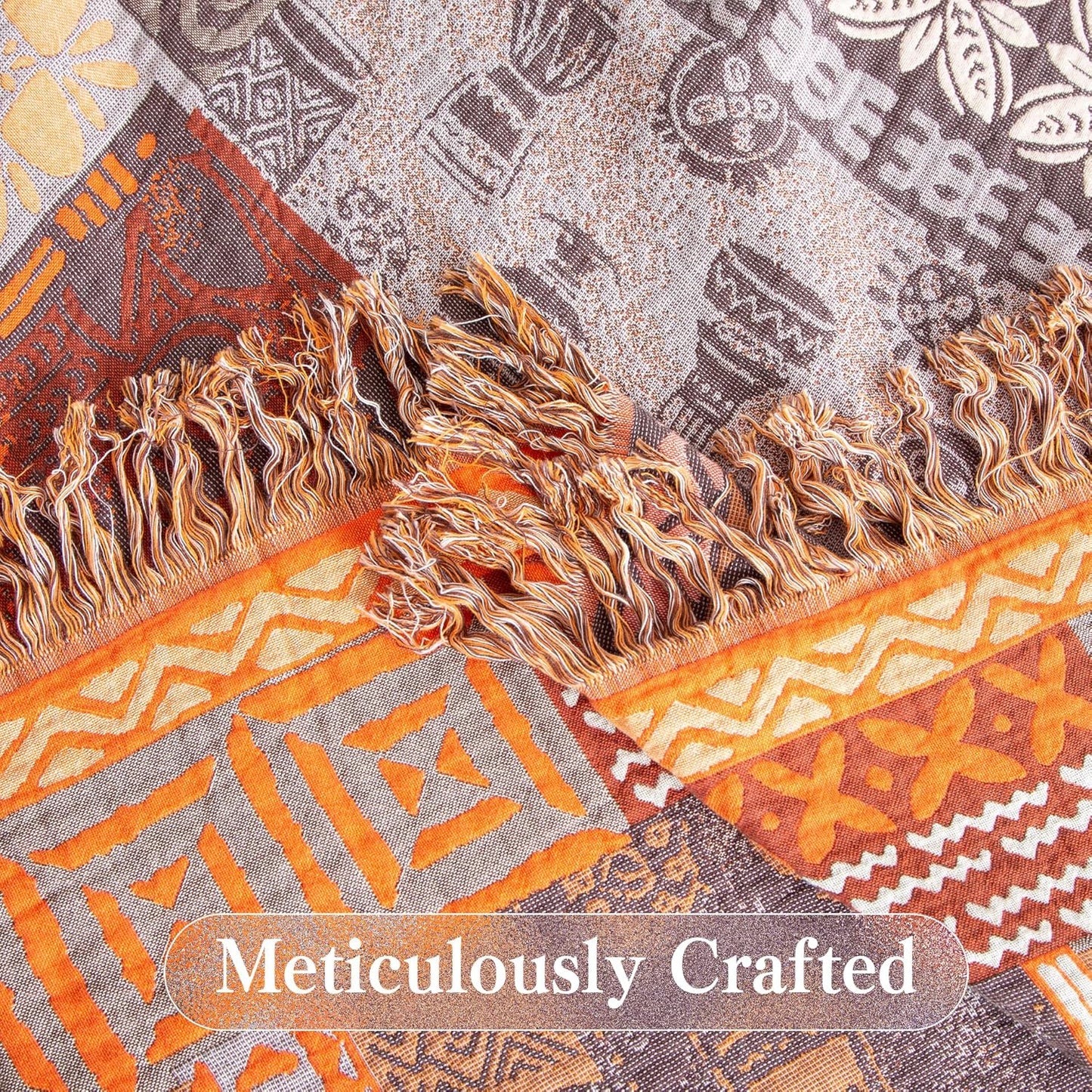 Boho Throw Blanket Twin Size, Soft Cozy Cotton Muslin Quilt Blanket for Bed Decor, Patchwork Block Couch Sofa Chair Cover, Vintage Farmhouse Cottage Tapestry Woven Blanket, Red&Orange