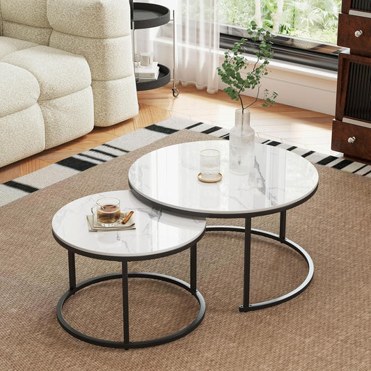Round Nesting Coffee Table, White Modern Decorative Coffee Center Table Set of 2,Round Sintered Stone 24'' Coffee Table for Living Room with Sturdy Metal Frame.