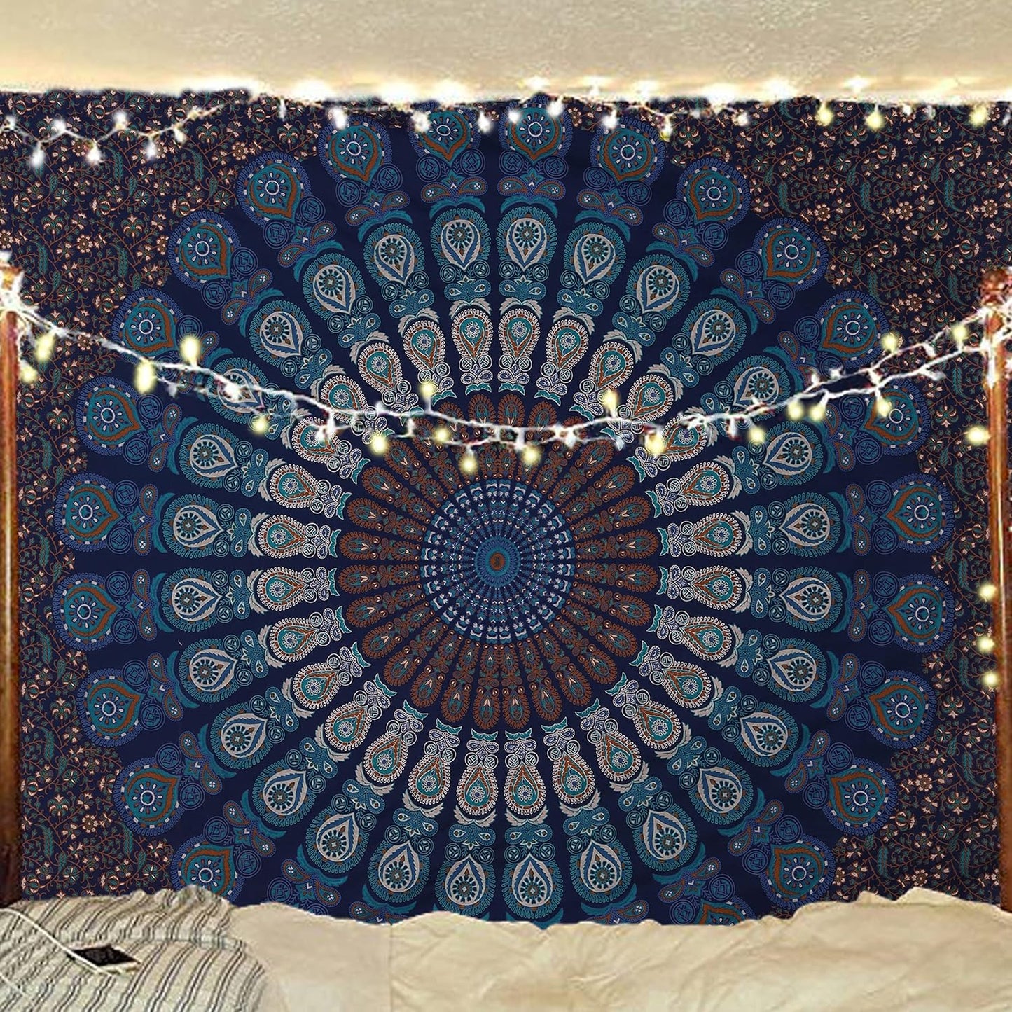 Bless International Handmade Indian hippie Bohemian Psychedelic Peacock Mandala Wall hanging College Dorm Beach Throws Table Cloth Bedding Tapestry (Blue Green, King(88x104Inches)(225x265Cms))