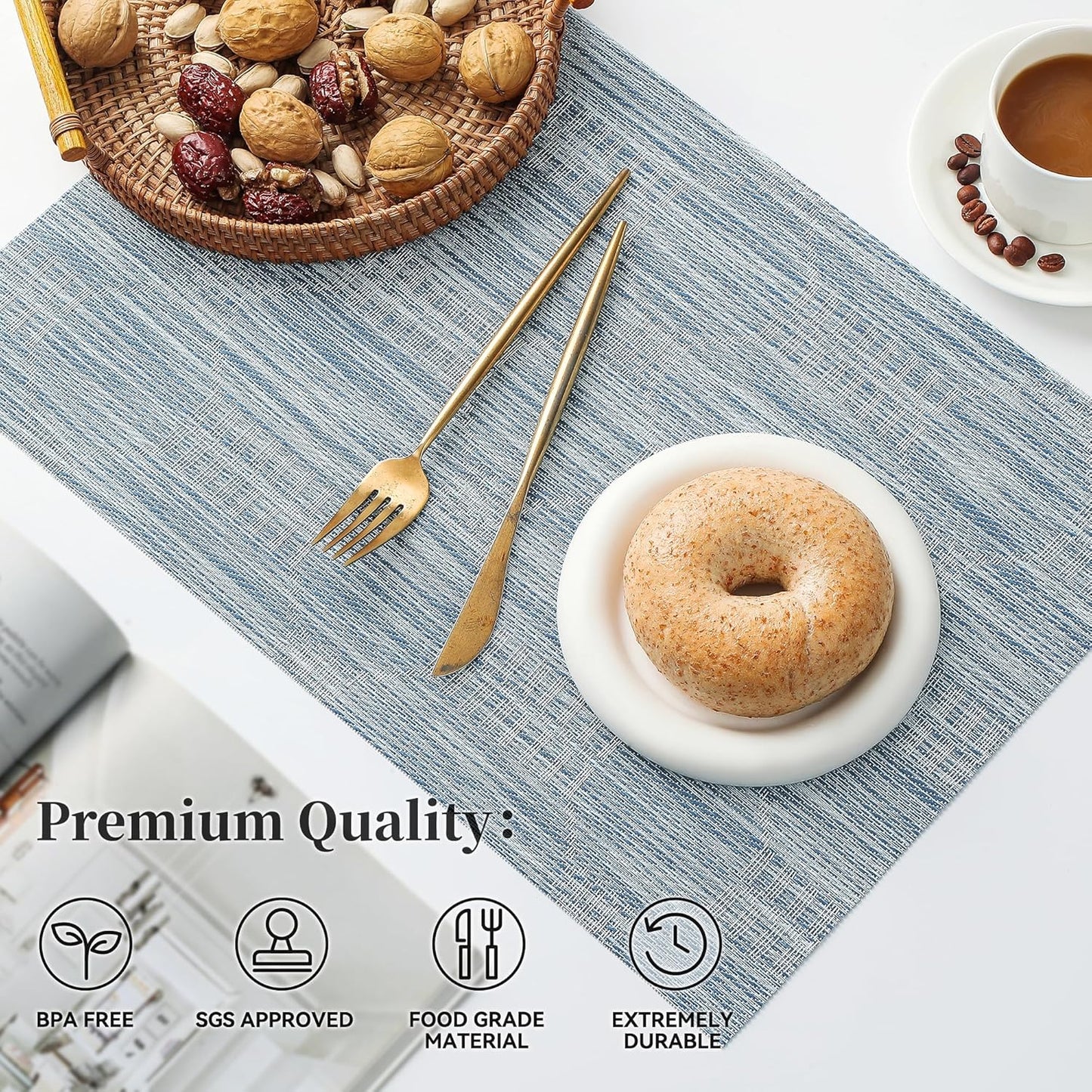 Leetaltree Jacquard Blue Placemats Set of 4 - Heat Resistant Non-Slip Place mats for Dining Table, Washable Durable PVC Vinyl Woven Table Mats (Jacquard Blue, 4)