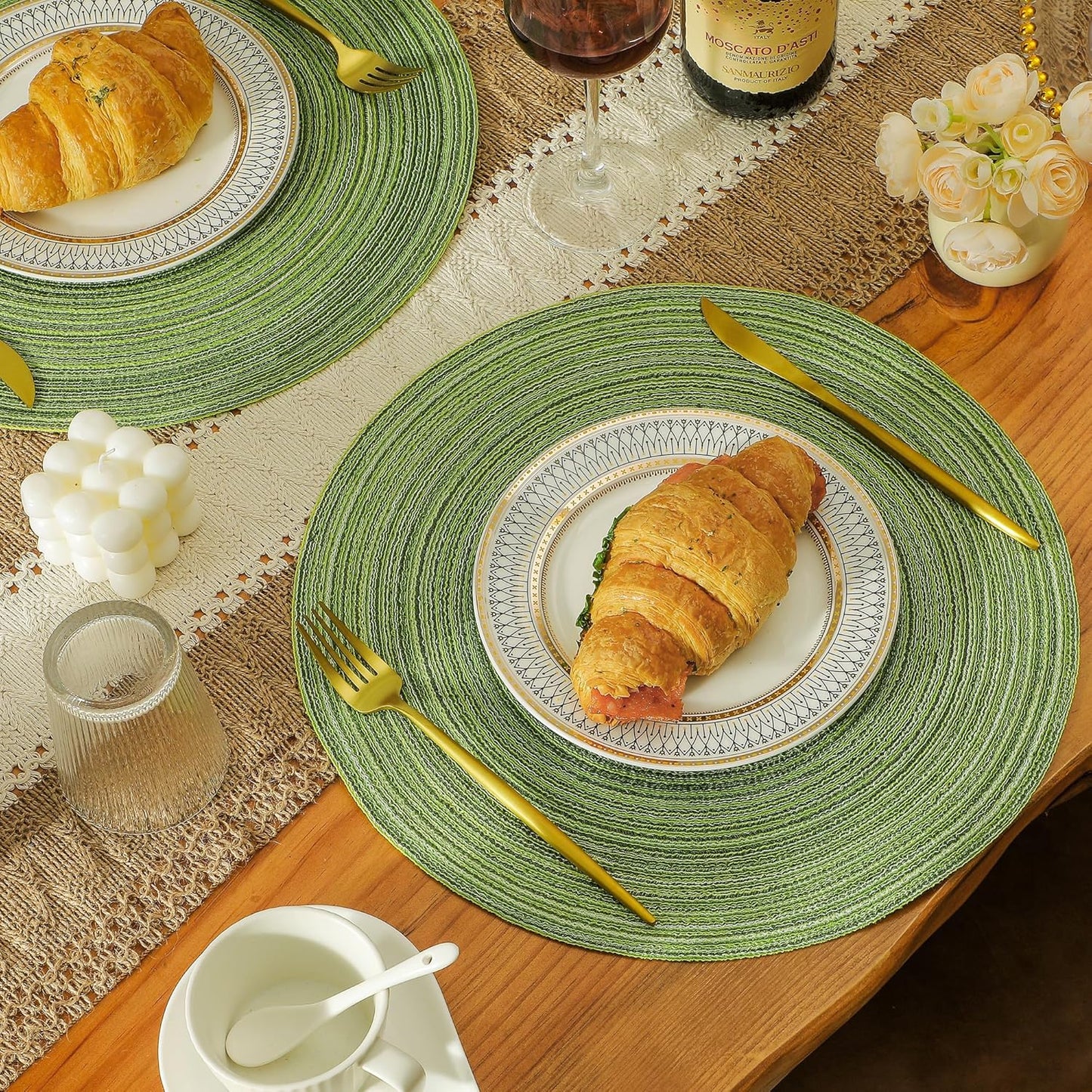 Leetaltree Round Placemats Heat and Slip Resistant Cotton Table Mats, Washable Bohemian Placemats for Dining Tables (Sage Green, Set of 4)